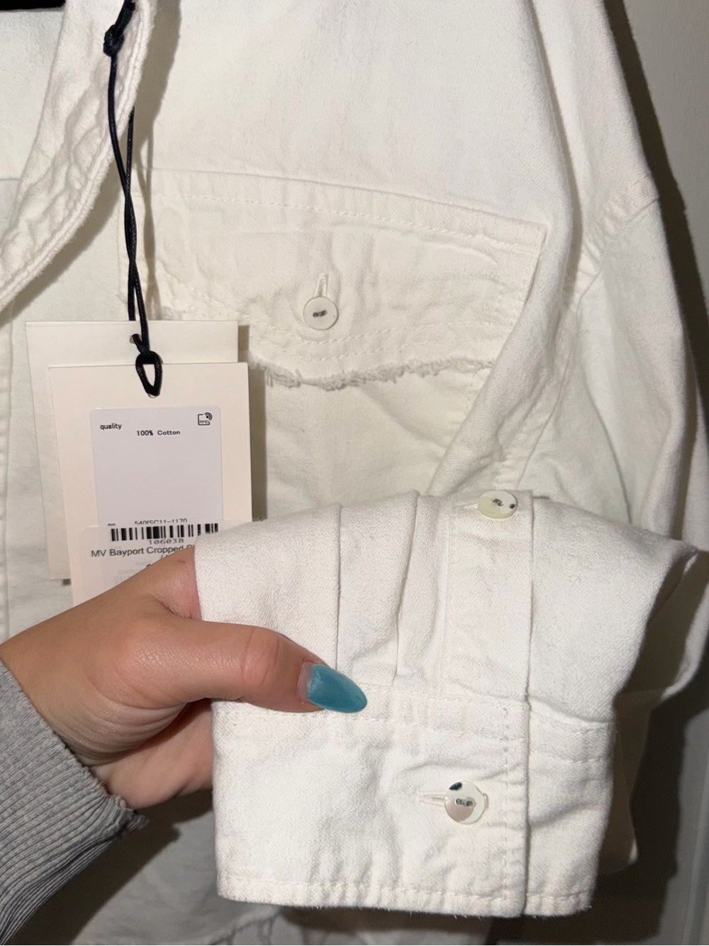 Moussy White Cropped Button-Down Shirt Jacket with Frayed Hem - Picture 2 of 5